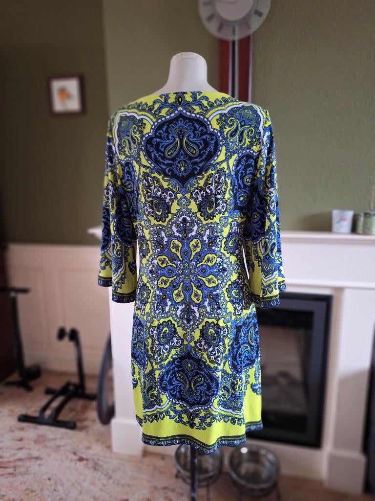 Hale Bob lime kleurige blauw zwarte jurk M 38, Maat 38/40 (M), Verzenden, Zo goed als nieuw, Knielengte