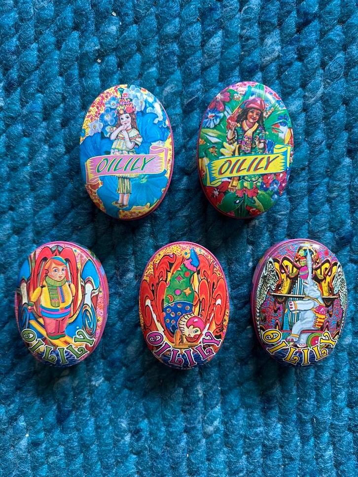 Vintage Oilily zeep blikjes (5 stuks), Verzamelen, Blikken, Gebruikt, Overige, Overige merken, Ophalen of Verzenden