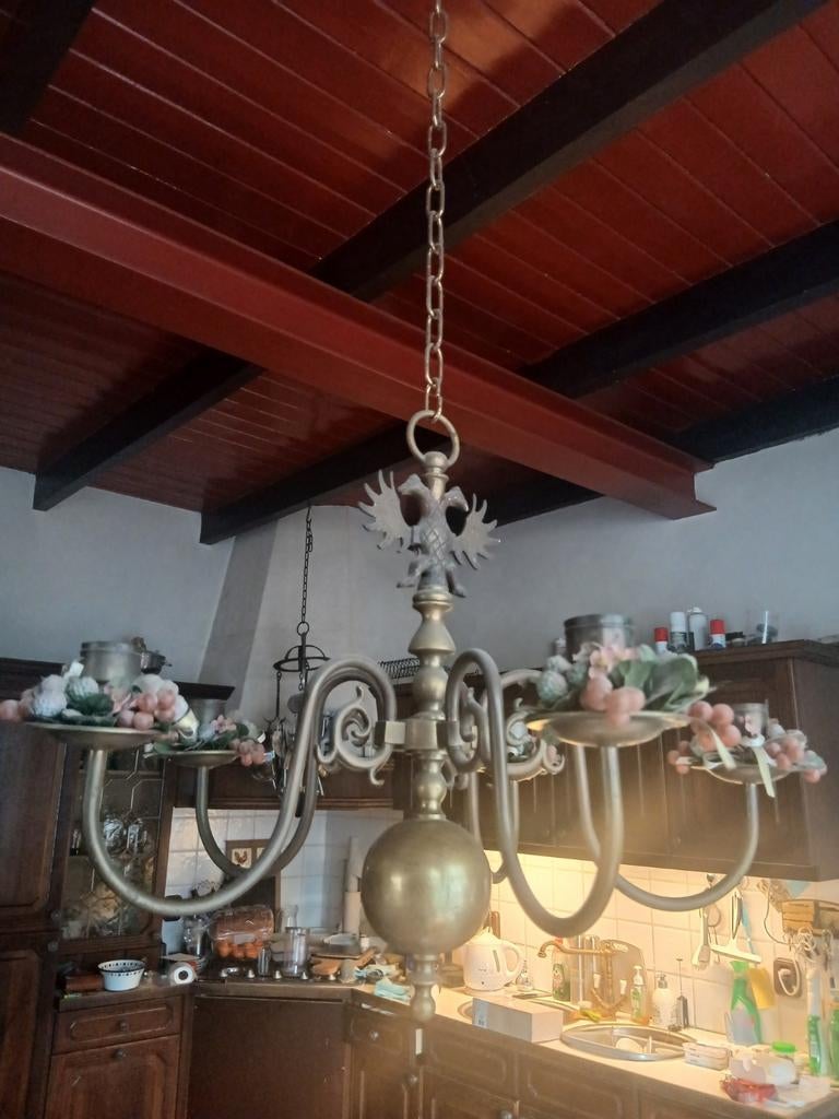 Koperen bolkroon met 8 armen en adelaar, Ophalen of Verzenden