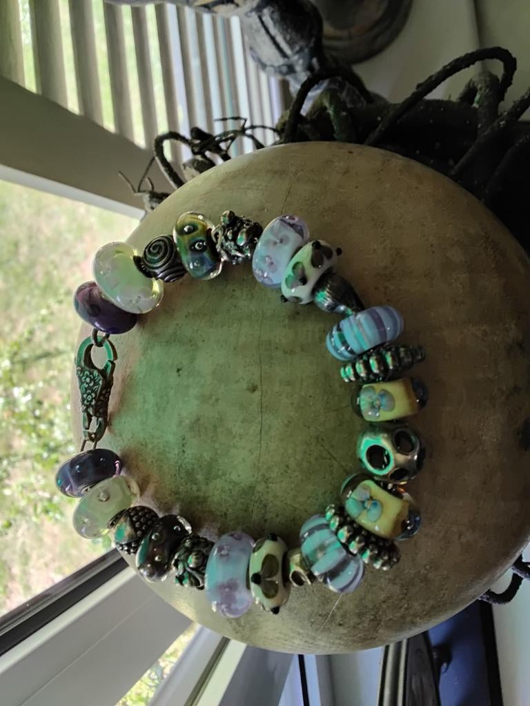 Prachtige Trollbeads armband met retired zilver/glas bedels, Ophalen, Zilver