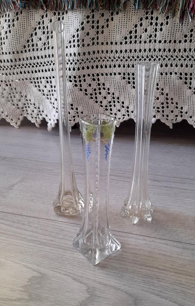 Verzameling van 3 vintage glazen glas soliflore vazen vaas, Antiek en Kunst, Ophalen of Verzenden