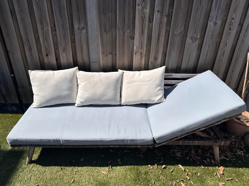 Houten ligbank voor buiten met kussen - 200x70cm, Ophalen, Gebruikt, Hout, Verstelbaar