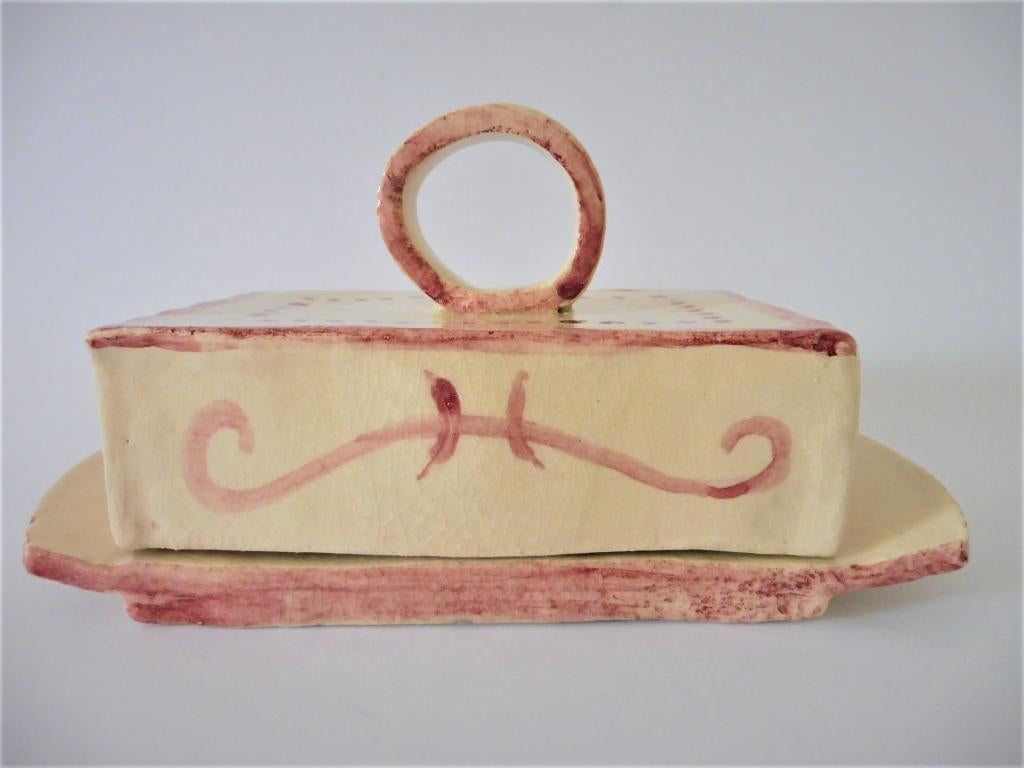 Boterschotel botervloot schaal oud roze met krullen stippen, Ophalen of Verzenden