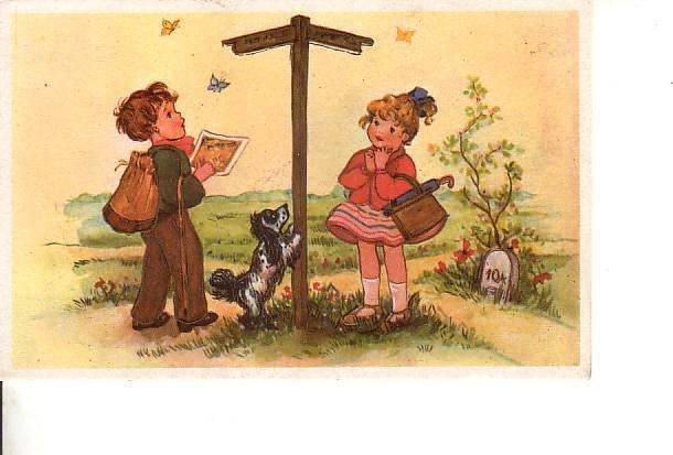 Ansichtkaart	Kinderen, hond en wegwijzer, Verzenden, 1940 tot 1960, Ongelopen, Kinderen