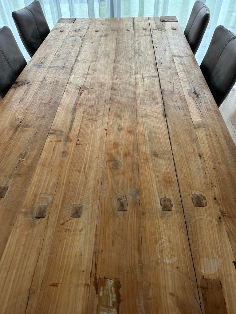 Teakhouten eettafel met 6 stoelen, Ophalen, Gebruikt, 100 tot 150 cm, Teakhout