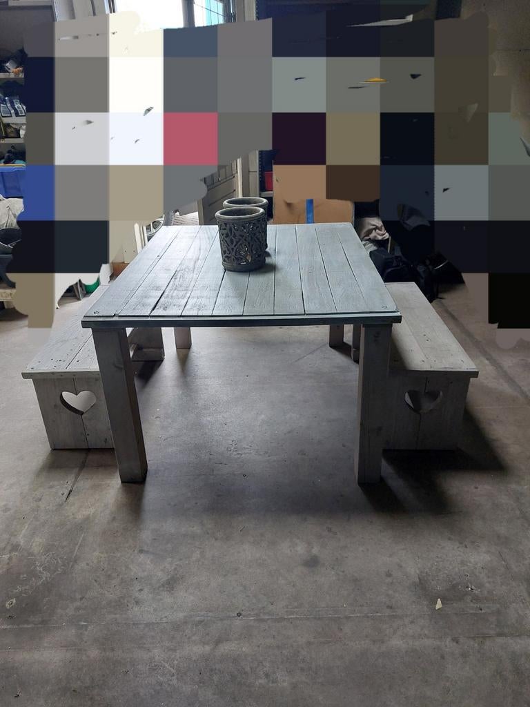 Tuintafel van steenschot met 2 bankjes van steigerhout, Tuin en Terras, Ophalen, Gebruikt, Rechthoekig, Hout