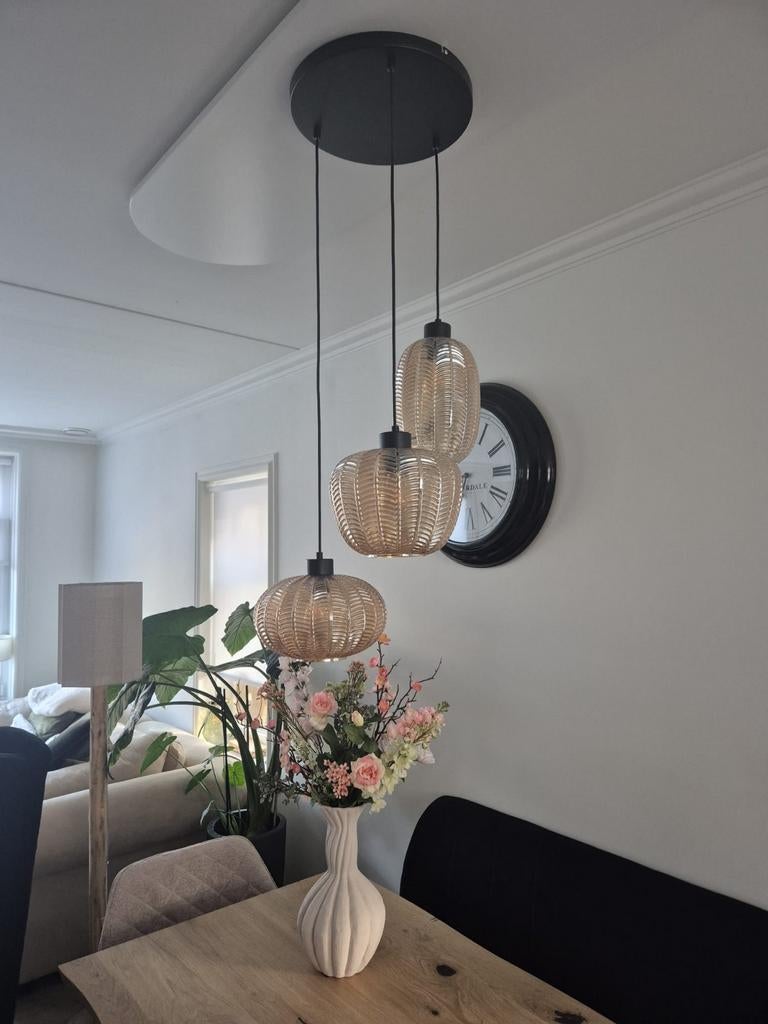 Hanglampen LumenXL met amber glas, Huis en Inrichting, Lampen | Hanglampen, Ophalen, Glas, Minder dan 50 cm