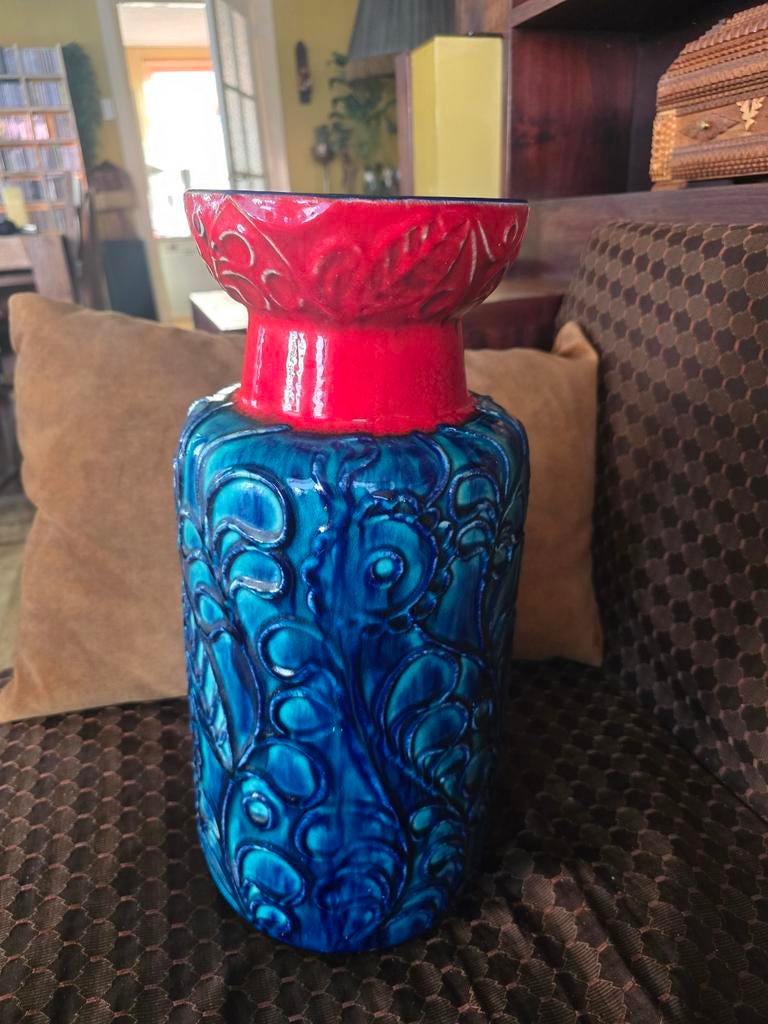 Retro vintage vaas vloervaas bay west germany blauw rood, Antiek en Kunst, Ophalen