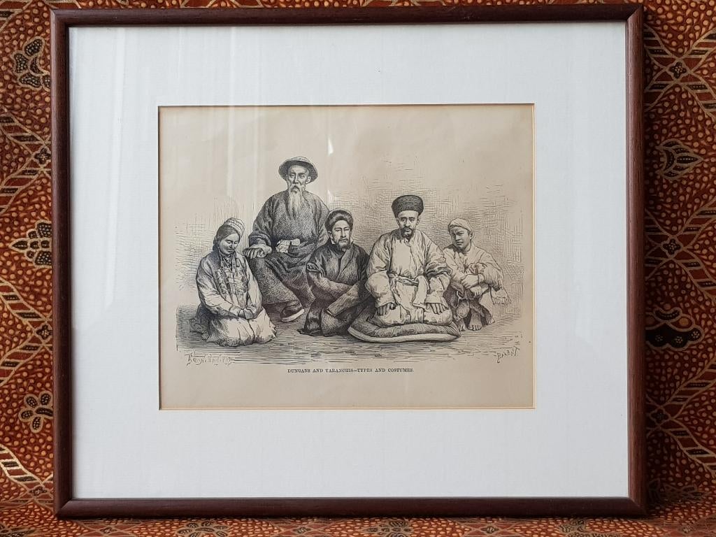 Antieke ingelijste ets uit Engeland met Dungans en Taranchis