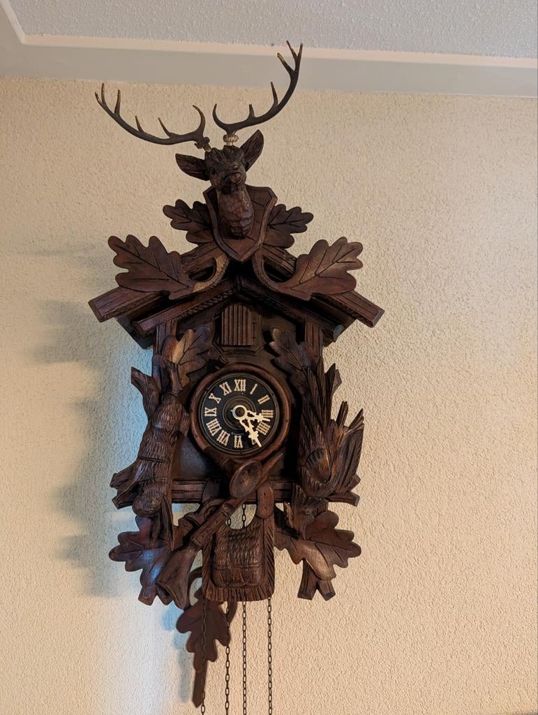Antieke Koekoeksklok met Hertenkop en Jachttafereel, Antiek en Kunst, Ophalen of Verzenden