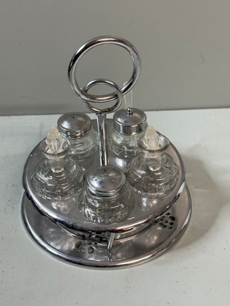 Vintage Kruidenrekje met 5 Glazen Potjes, Antiek en Kunst, Ophalen of Verzenden