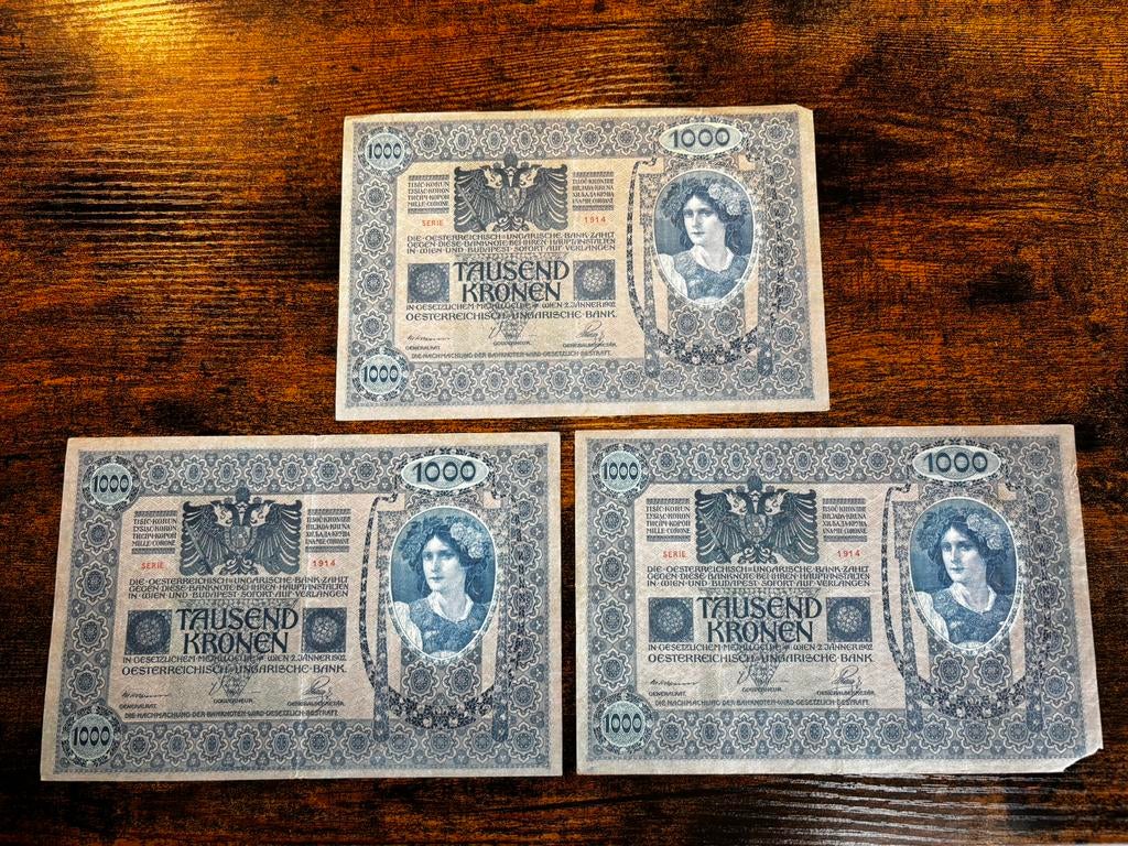 1000 Kronen Oostenrijk-Hongarije - 1914 bankbiljetten (3x), Postzegels en Munten, Bankbiljetten | Europa | Niet-Eurobiljetten