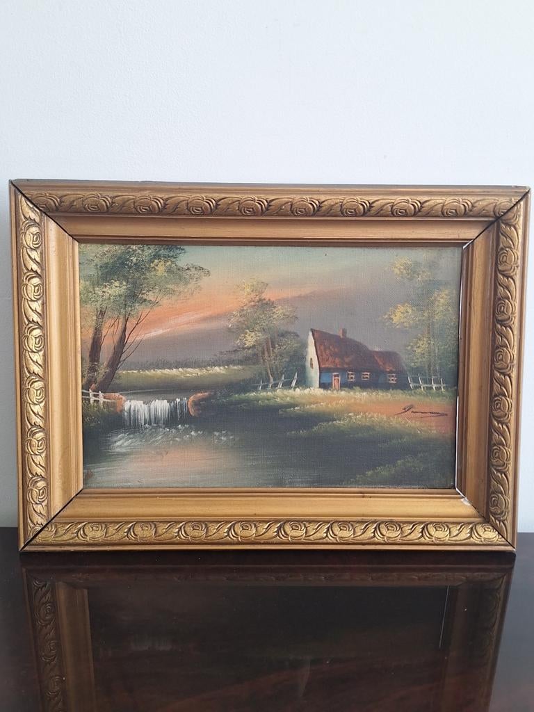 Schilderij met Gouden Rosé Lijst - Landschap met huis, Ophalen of Verzenden