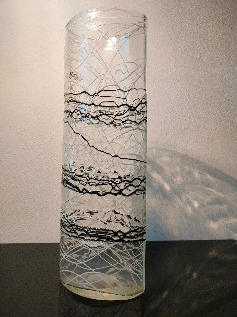 Italie Murano Vaas Filigrana Transparant Zwart Wit 1960/1970, Ophalen of Verzenden