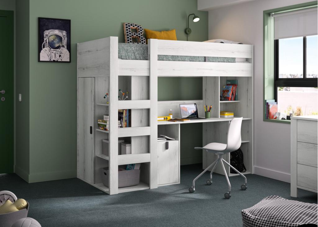 Lugano hoogslaper met bureau - 90x200 - Wit eiken, Niet ingevuld, Niet ingevuld, Niet ingevuld