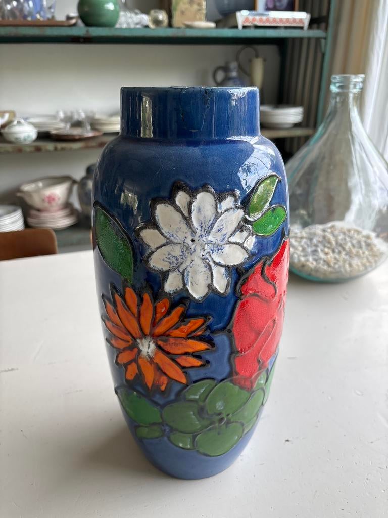 Vintage Scheurich Keramiek Vaas - Blauw met Bloemen, Antiek en Kunst, Ophalen