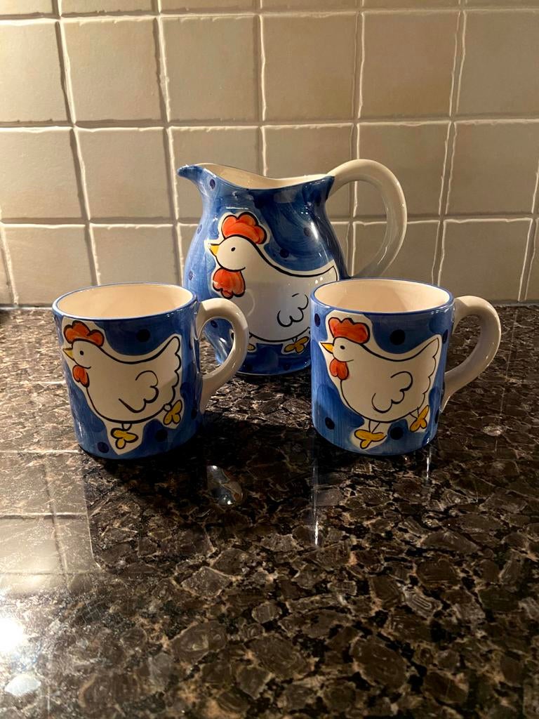 Melkkan en bekers met kippenmotief, Ophalen, Gebruikt