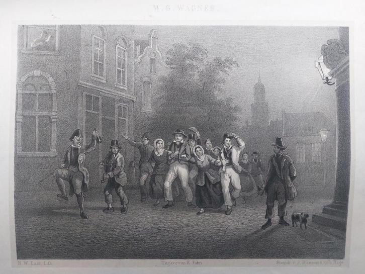 7/ vrolijke menigte voor Hartebrugkerk Leiden Steendruk 1855, Antiek en Kunst, Kunst | Litho's en Zeefdrukken, Ophalen of Verzenden