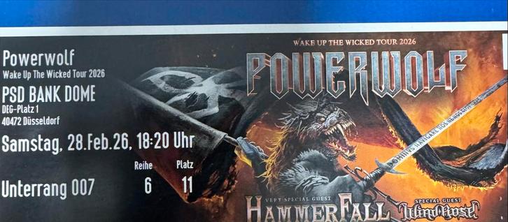 Powerwolf concert ticket 28/02/2026 Dusseldorf PSD Bank Dome, Tickets en Kaartjes, Concerten | Rock en Metal, Eén persoon, Februari