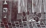 2 olifanten op terras.  Vos.  Linosnede. 51/41 cm., Antiek en Kunst, Kunst | Etsen en Gravures, Ophalen