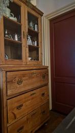 Antieke grenen kast met glazen deuren en laden, Ophalen of Verzenden