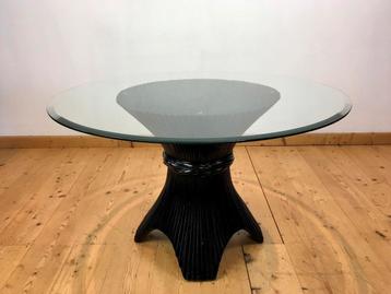 Vintage 1980s Glanszwarte Rotan Eettafel beschikbaar voor biedingen