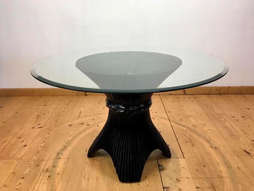 Vintage 1980s Glanszwarte Rotan Eettafel, Huis en Inrichting, Tafels | Eettafels, Gebruikt, 100 tot 150 cm, 100 tot 150 cm, Vijf personen of meer