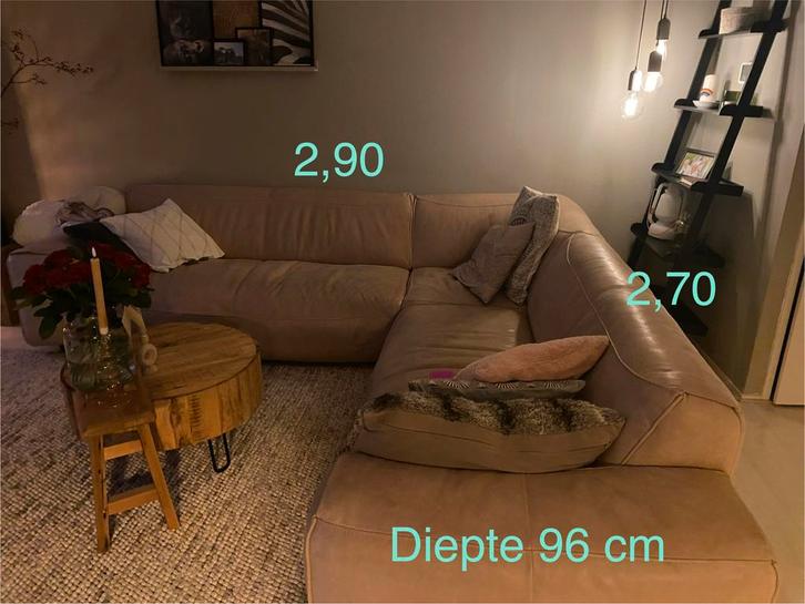 Zandkleurige leren plofbank – geleefd, gezellig!, Huis en Inrichting, Banken | Bankstellen, Gebruikt, Hoekbank, Vierpersoons of meer