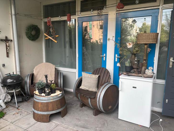 Wijnvaten Lounge Set - Uniek!, Huis en Inrichting, Stoelen, Gebruikt, Twee, Hout, Bruin, Ophalen of Verzenden