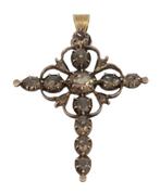 Antieke 14k gouden kruis ketting hanger diamanten zilver, Sieraden, Tassen en Uiterlijk, Antieke sieraden, Verzenden, Goud, Hanger