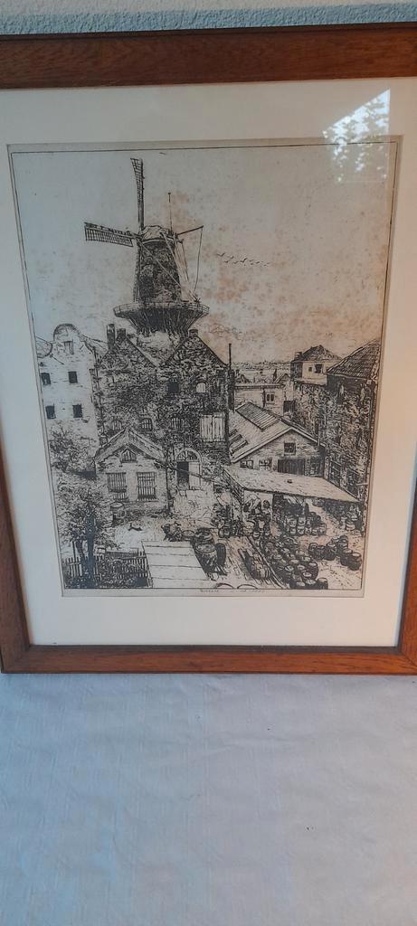 Oude Prent Schiedam met Molen, Antiek en Kunst, Kunst | Etsen en Gravures, Ophalen