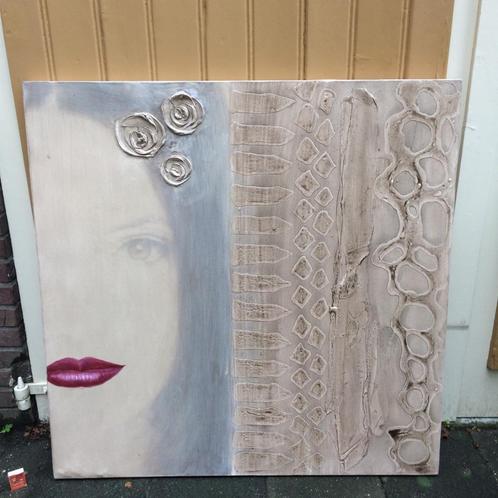 vrouw rode lippen modern groot vierkant schilderij kus zoen, Antiek en Kunst, Kunst | Schilderijen | Modern, Ophalen of Verzenden