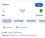 2 tickets naast elkaar Ajax-Heracles, Tickets en Kaartjes, Losse kaart, Twee personen, Augustus