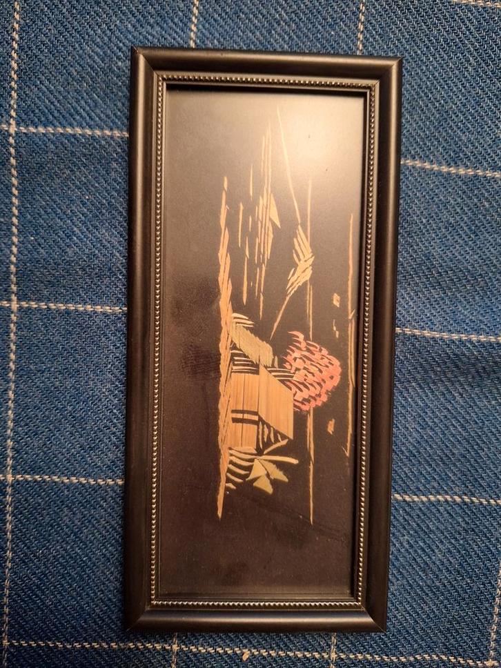 Vintage Kunstwerk - Riet Inlegwerk 18 bij 8,5cm, Huis en Inrichting, Woonaccessoires | Schilderijen, Tekeningen en Foto's, Gebruikt