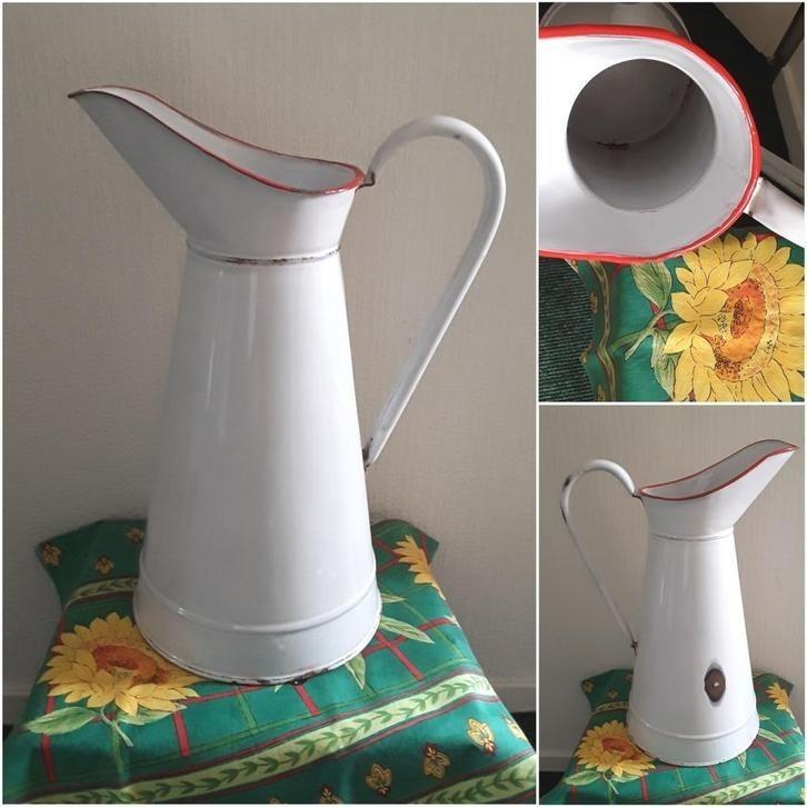 Franse brocante emaille lampetkan waterkan kan - rode rand, Antiek en Kunst, Antiek | Emaille, Ophalen of Verzenden