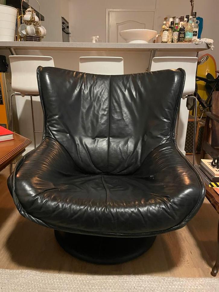 Vintage Space Age Lounge Fauteuil (zwart leer), Huis en Inrichting, Fauteuils, Gebruikt, Leer, 75 tot 100 cm, Ophalen