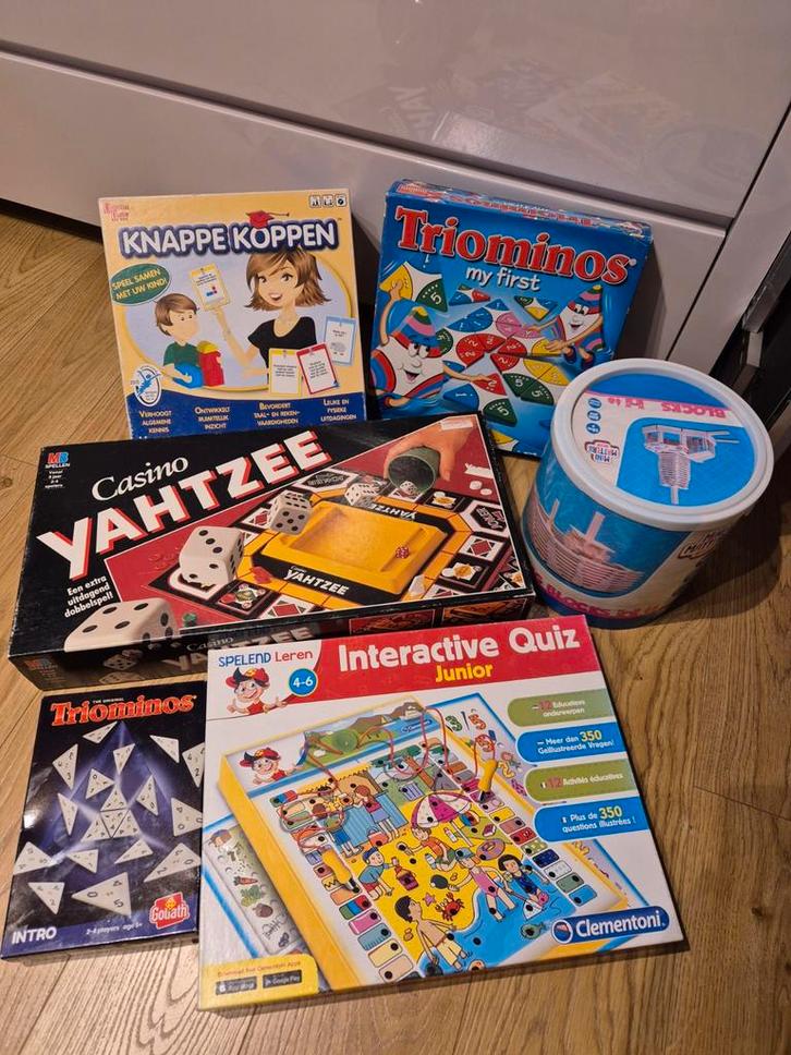 Spellenpakket: Knappe Koppen, Yahtzee, Triominos, Quiz, Hobby en Vrije tijd, Gezelschapsspellen | Bordspellen, Gebruikt, Een of twee spelers