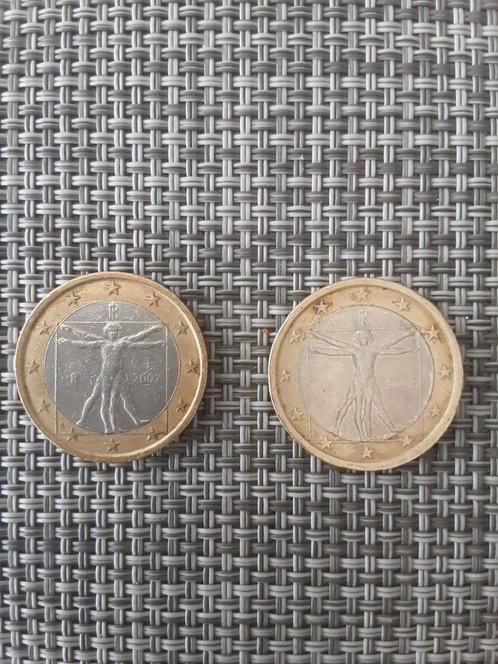 2x Italiaanse 1 Euro Munt 2002 en 2003- Vitruviusman, Postzegels en Munten, Munten | Europa | Euromunten, Losse munt, 1 euro, Italië