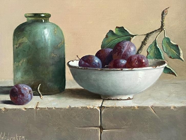Hans Habraken, schaaltje pruimen en oude fles, Antiek en Kunst, Kunst | Schilderijen | Klassiek, Ophalen