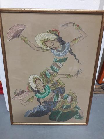 OUD INDISCH SCHILDERIJ op ZIJDE ACHTER GLAS I.Z.G.STAAT  beschikbaar voor biedingen
