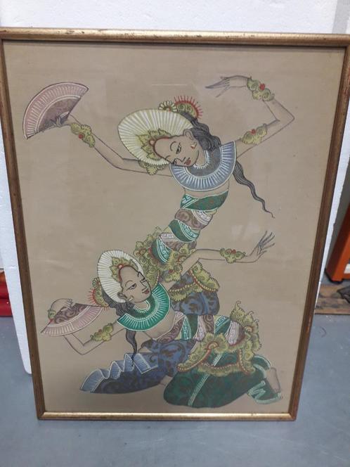 OUD INDISCH SCHILDERIJ op ZIJDE ACHTER GLAS I.Z.G.STAAT, Antiek en Kunst, Kunst | Schilderijen | Klassiek, Ophalen of Verzenden