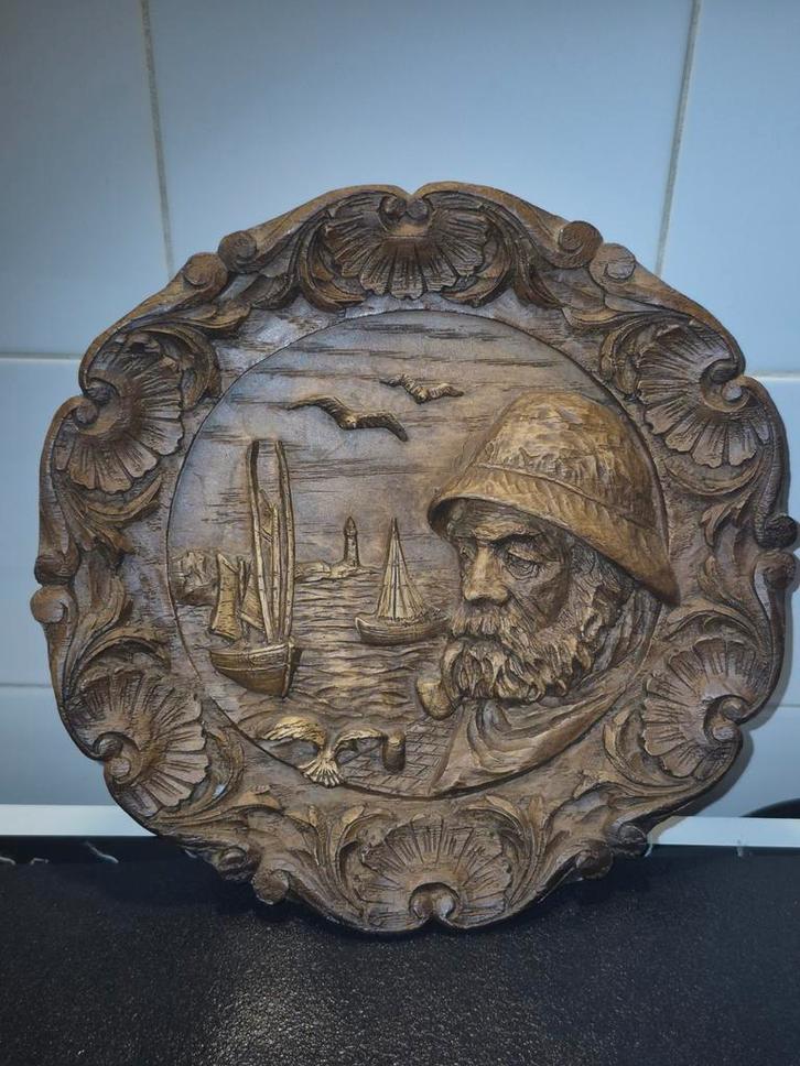 Vintage faux houten portret zeeman wanddecoratie, Antiek en Kunst, Antiek | Koper en Brons, Ophalen of Verzenden