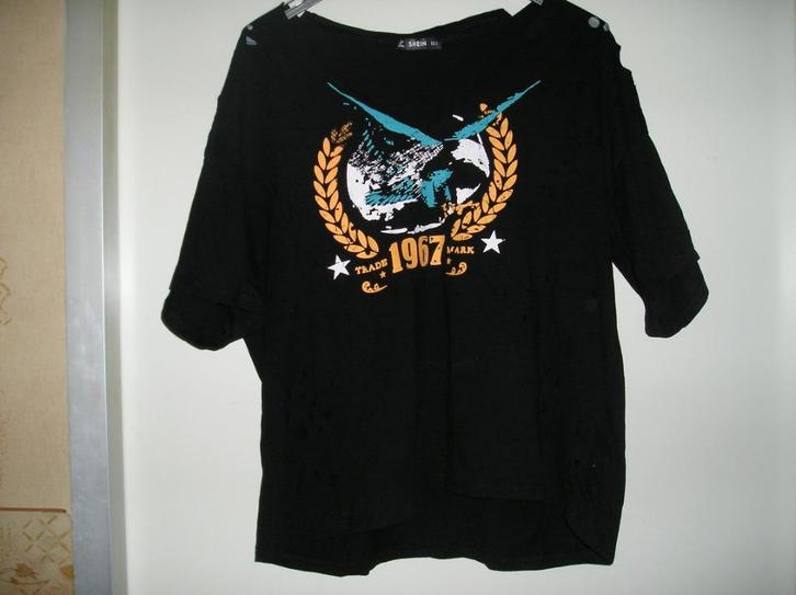 Dameskleding: zwarte top met print, mt S, Kleding | Dames, Tops, Gedragen, Maat 36 (S), Zwart, Korte mouw, Ophalen of Verzenden