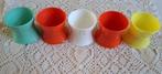 5 Vintage eierdopjes, dieren, wit, mint, geel, oranje rood, Diversen, Pasen, Gebruikt, -, -, Ophalen of Verzenden