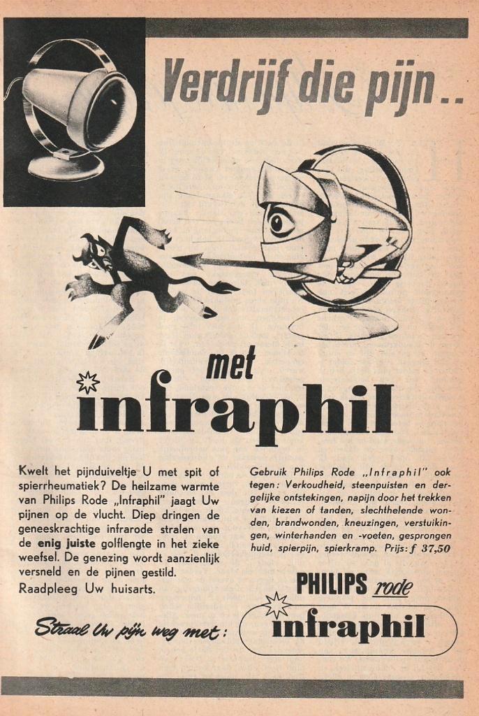Retro reclame 1953 Philips infraphil rode lamp verdrijf pijn, Verzamelen, Retro, Overige typen, Verzenden
