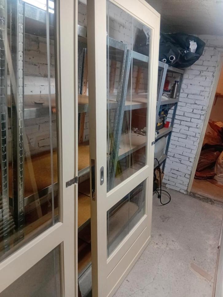 Glazen ensuite schuifdeuren, Doe-het-zelf en Verbouw, Deuren en Horren, Zo goed als nieuw, Binnendeur, 200 tot 215 cm, 80 tot 100 cm