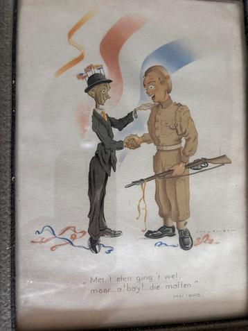 Tekening Mei 1945 Jan van der Leeuw Rotterdam ingelijst beschikbaar voor biedingen
