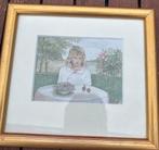 Kleine fijne tekening gekleurd meisje in tuin, Ophalen of Verzenden