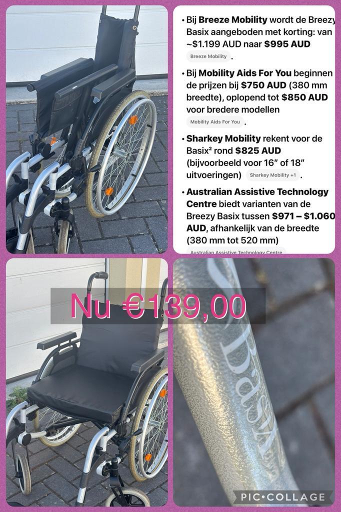Breezy Basix inklapbare rolstoel nieuwprijs 6/700€, Diversen, Rolstoelen, Zo goed als nieuw, Handbewogen rolstoel, Inklapbaar