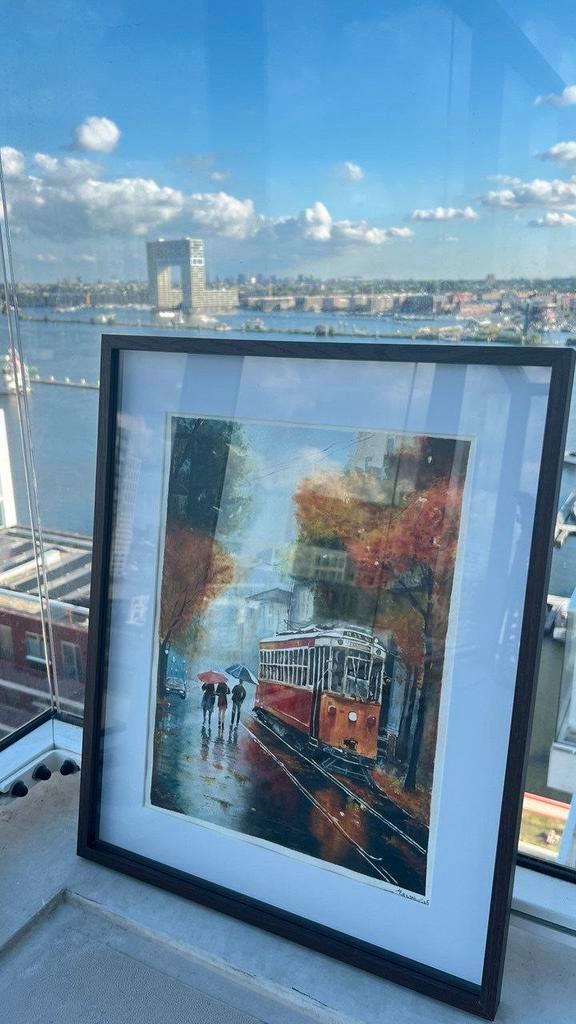 Aquarel Schilderij Tram in Stad, Antiek en Kunst, Kunst | Schilderijen | Klassiek, Ophalen of Verzenden